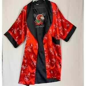 100%SILK Kimono Robe Large Unisex REVERSIBLE Dragon Embroidered